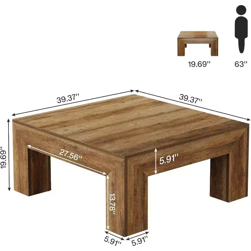 Tavolino quadrato da 99,06 cm per soggiorno, tavolino da caffè centrale in stile rustico con robuste gambe in legno, facile da montare