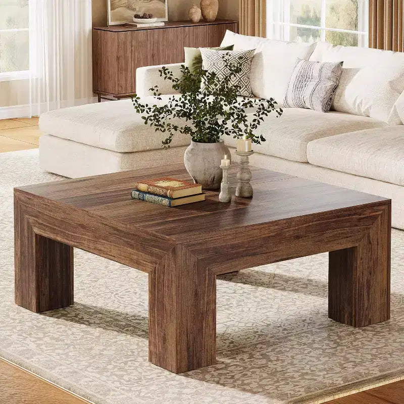 Tavolino quadrato da 99,06 cm per soggiorno, tavolino da caffè centrale in stile rustico con robuste gambe in legno, facile da montare