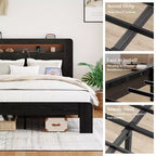 Struttura Letto Matrimoniale/Queen/King, Pedana in Legno con Testiera Illuminata a LED e 2 USB, Silenziosa, Nessun Sommier Necessario, Grande Contenitore Sottoletto, Nero Scuro