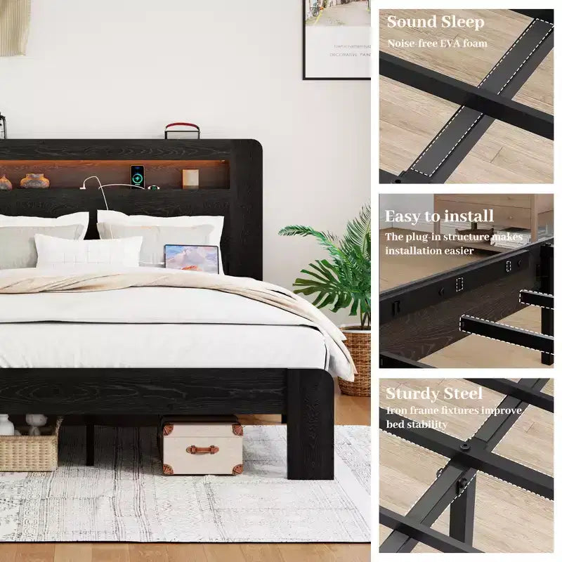 Struttura Letto Matrimoniale/Queen/King, Pedana in Legno con Testiera Illuminata a LED e 2 USB, Silenziosa, Nessun Sommier Necessario, Grande Contenitore Sottoletto, Nero Scuro