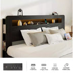 Struttura Letto Matrimoniale/Queen/King, Pedana in Legno con Testiera Illuminata a LED e 2 USB, Silenziosa, Nessun Sommier Necessario, Grande Contenitore Sottoletto, Nero Scuro