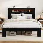 Struttura Letto Matrimoniale/Queen/King, Pedana in Legno con Testiera Illuminata a LED e 2 USB, Silenziosa, Nessun Sommier Necessario, Grande Contenitore Sottoletto, Nero Scuro