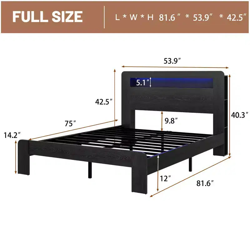 Struttura Letto Matrimoniale/Queen/King, Pedana in Legno con Testiera Illuminata a LED e 2 USB, Silenziosa, Nessun Sommier Necessario, Grande Contenitore Sottoletto, Nero Scuro