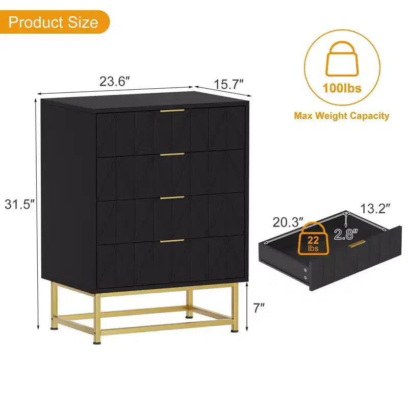 Comò a 4 cassetti, Comò moderno con cassetti, Organizer con gambe in metallo, Cassettiera contenitore per camera da letto, soggiorno, corridoio, armadio