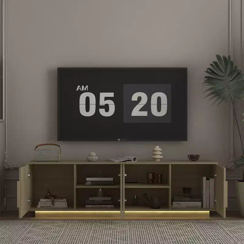 JVNOXK Mobile TV moderno da 68 pollici con illuminazione LED a 16 colori, compatibile con TV da 55, 60 e 65 pollici, include spazio di archiviazione, effetto legno