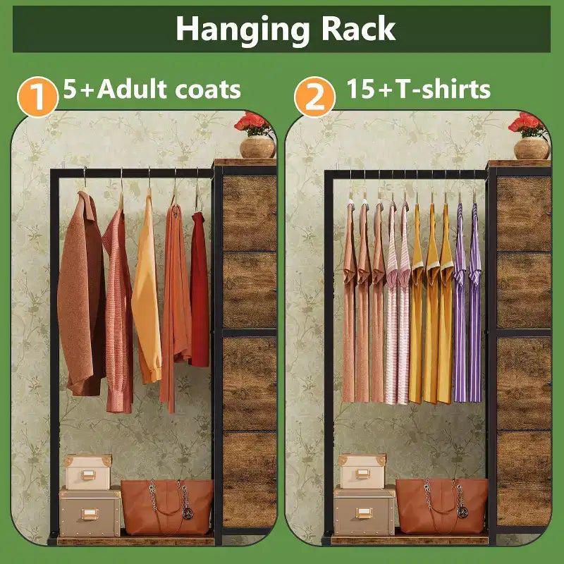 Cassettiera con Asta Appendiabiti, 4 Cassetti Piccoli Armadi per Camera da Letto, Cassettiera Reversibile in Tessuto per Bambini con Asta Appendiabiti, Torre di Stoccaggio Alta, 112 cm H