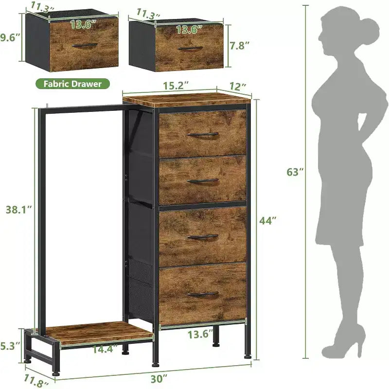 Cassettiera con Asta Appendiabiti, 4 Cassetti Piccoli Armadi per Camera da Letto, Cassettiera Reversibile in Tessuto per Bambini con Asta Appendiabiti, Torre di Stoccaggio Alta, 112 cm H