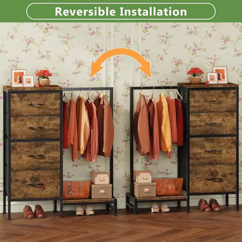 Cassettiera con Asta Appendiabiti, 4 Cassetti Piccoli Armadi per Camera da Letto, Cassettiera Reversibile in Tessuto per Bambini con Asta Appendiabiti, Torre di Stoccaggio Alta, 112 cm H
