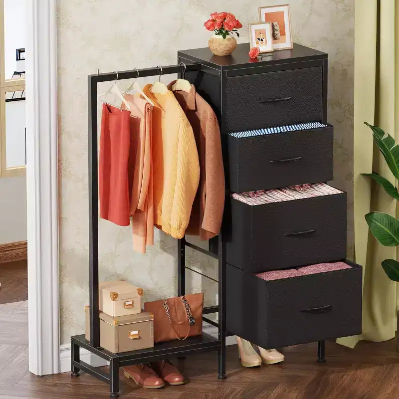 Cassettiera con Asta Appendiabiti, 4 Cassetti Piccoli Armadi per Camera da Letto, Cassettiera Reversibile in Tessuto per Bambini con Asta Appendiabiti, Torre di Stoccaggio Alta, 112 cm H