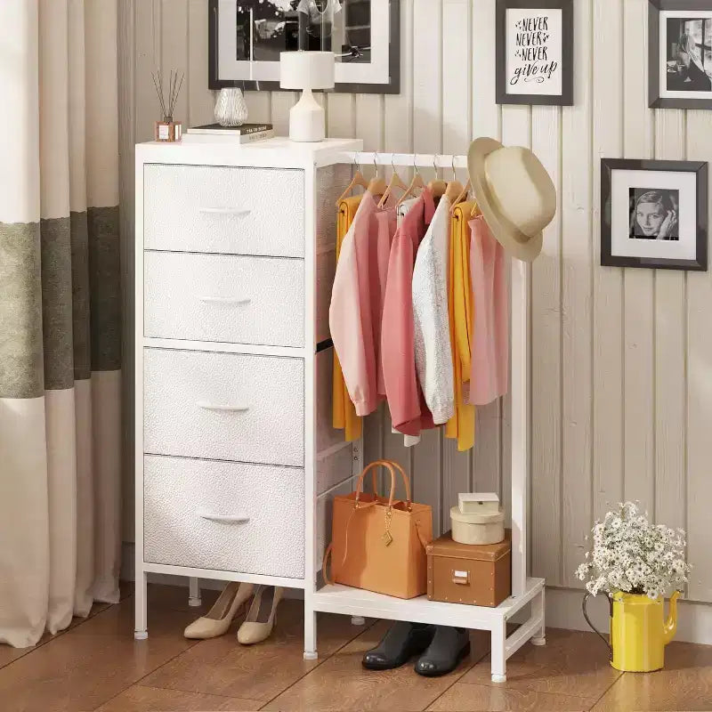 Cassettiera con Asta Appendiabiti, 4 Cassetti Piccoli Armadi per Camera da Letto, Cassettiera Reversibile in Tessuto per Bambini con Asta Appendiabiti, Torre di Stoccaggio Alta, 112 cm H