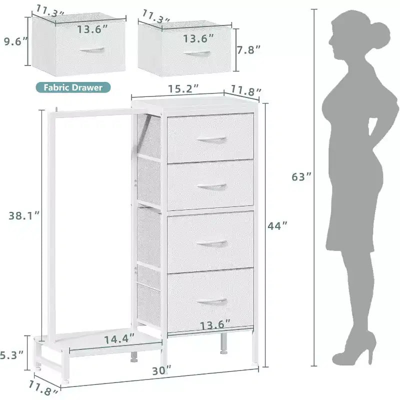 Cassettiera con Asta Appendiabiti, 4 Cassetti Piccoli Armadi per Camera da Letto, Cassettiera Reversibile in Tessuto per Bambini con Asta Appendiabiti, Torre di Stoccaggio Alta, 112 cm H