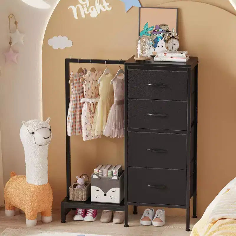 Cassettiera con Asta Appendiabiti, 4 Cassetti Piccoli Armadi per Camera da Letto, Cassettiera Reversibile in Tessuto per Bambini con Asta Appendiabiti, Torre di Stoccaggio Alta, 112 cm H