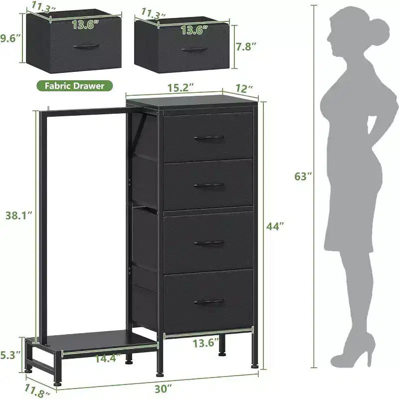 Cassettiera con Asta Appendiabiti, 4 Cassetti Piccoli Armadi per Camera da Letto, Cassettiera Reversibile in Tessuto per Bambini con Asta Appendiabiti, Torre di Stoccaggio Alta, 112 cm H