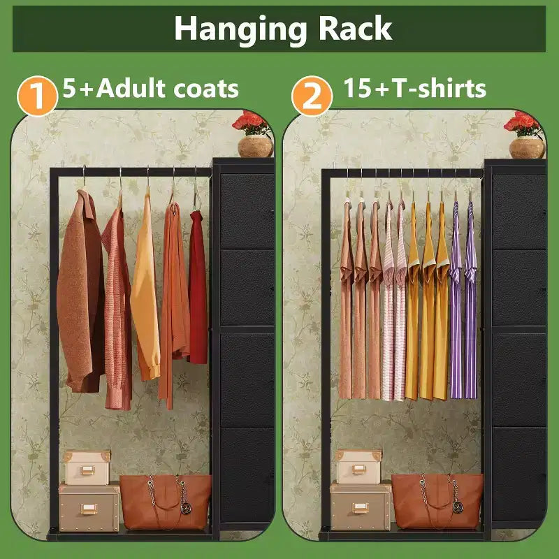 Cassettiera con Asta Appendiabiti, 4 Cassetti Piccoli Armadi per Camera da Letto, Cassettiera Reversibile in Tessuto per Bambini con Asta Appendiabiti, Torre di Stoccaggio Alta, 112 cm H