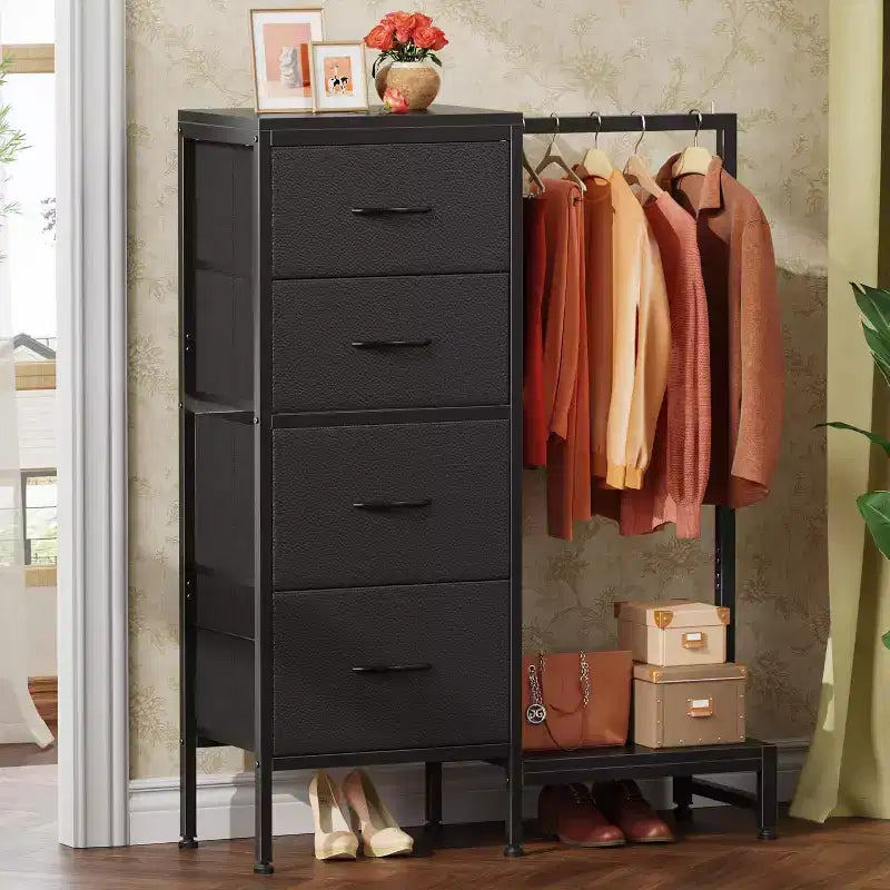 Cassettiera con Asta Appendiabiti, 4 Cassetti Piccoli Armadi per Camera da Letto, Cassettiera Reversibile in Tessuto per Bambini con Asta Appendiabiti, Torre di Stoccaggio Alta, 112 cm H