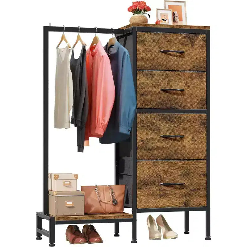 Cassettiera con Asta Appendiabiti, 4 Cassetti Piccoli Armadi per Camera da Letto, Cassettiera Reversibile in Tessuto per Bambini con Asta Appendiabiti, Torre di Stoccaggio Alta, 112 cm H