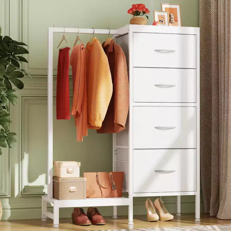 Cassettiera con Asta Appendiabiti, 4 Cassetti Piccoli Armadi per Camera da Letto, Cassettiera Reversibile in Tessuto per Bambini con Asta Appendiabiti, Torre di Stoccaggio Alta, 112 cm H