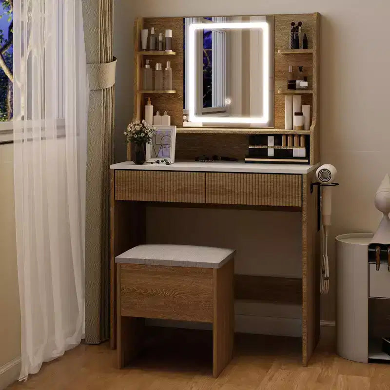 Tavolino da trucco con specchio e luci, toletta da 80 cm con presa di corrente e sgabello contenitore
