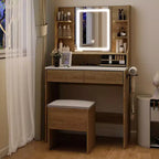 Tavolino da trucco con specchio e luci, toletta da 80 cm con presa di corrente e sgabello contenitore