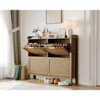 47 Mobile scarpiera in Rattan stile Rustico, Organizzatore per Ingresso Boho con 4 Cassetti a Ribalta, Ripiani Regolabili e Maniglie Nascoste, Scarpiera Stretta Indipendente