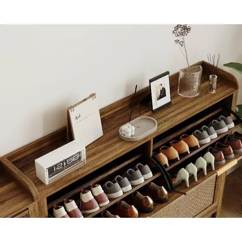 47 Mobile scarpiera in Rattan stile Rustico, Organizzatore per Ingresso Boho con 4 Cassetti a Ribalta, Ripiani Regolabili e Maniglie Nascoste, Scarpiera Stretta Indipendente