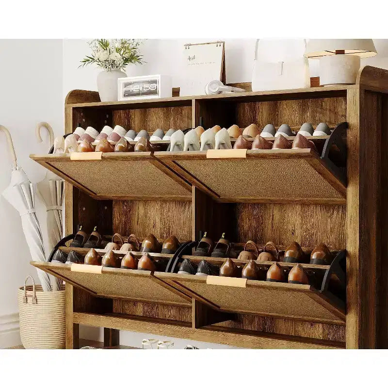 47 Mobile scarpiera in Rattan stile Rustico, Organizzatore per Ingresso Boho con 4 Cassetti a Ribalta, Ripiani Regolabili e Maniglie Nascoste, Scarpiera Stretta Indipendente