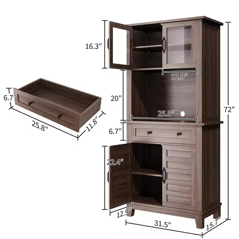 Mobile dispensa da cucina alto 72 pollici, Credenza da cucina con portamicroonde, Armadio con cassetti e ante in vetro per sala da pranzo, soggiorno