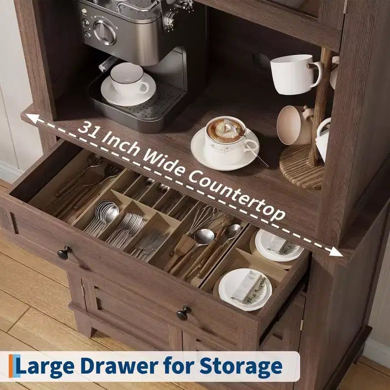 Mobile dispensa da cucina alto 72 pollici, Credenza da cucina con portamicroonde, Armadio con cassetti e ante in vetro per sala da pranzo, soggiorno