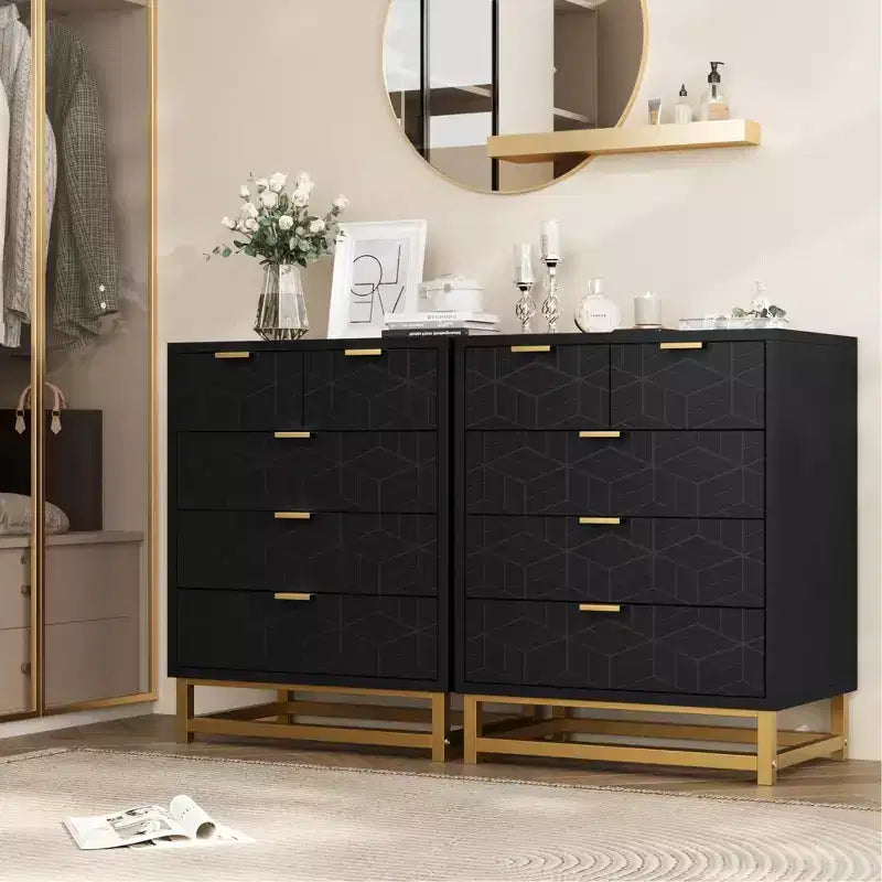 Cassettiera per camera da letto, cassettiera nera a 5 cassetti con gambe in metallo, organizer moderno e spazioso per soggiorno o ingresso