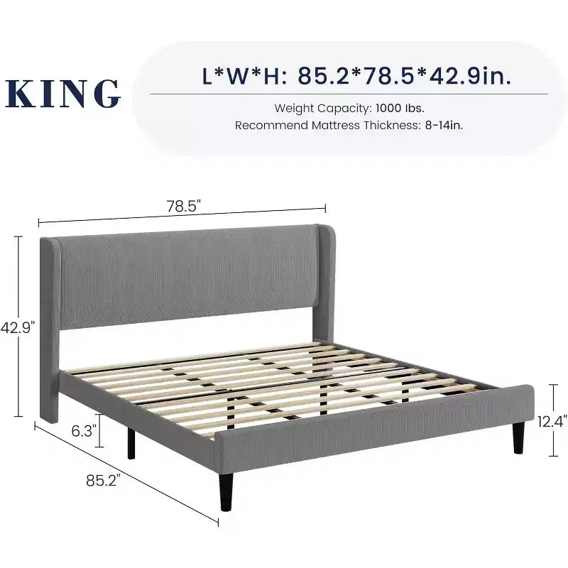 Struttura letto con testiera e alette laterali, in velluto beige con strisce verticali, 2 tasche portaoggetti e robusto supporto con doghe in legno