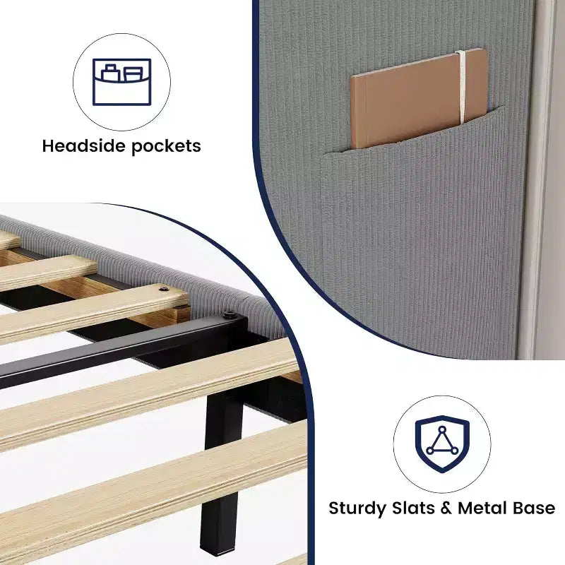 Struttura letto con testiera e alette laterali, in velluto beige con strisce verticali, 2 tasche portaoggetti e robusto supporto con doghe in legno