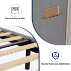 Struttura letto con testiera e alette laterali, in velluto beige con strisce verticali, 2 tasche portaoggetti e robusto supporto con doghe in legno
