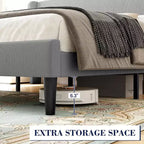 Struttura letto con testiera e alette laterali, in velluto beige con strisce verticali, 2 tasche portaoggetti e robusto supporto con doghe in legno