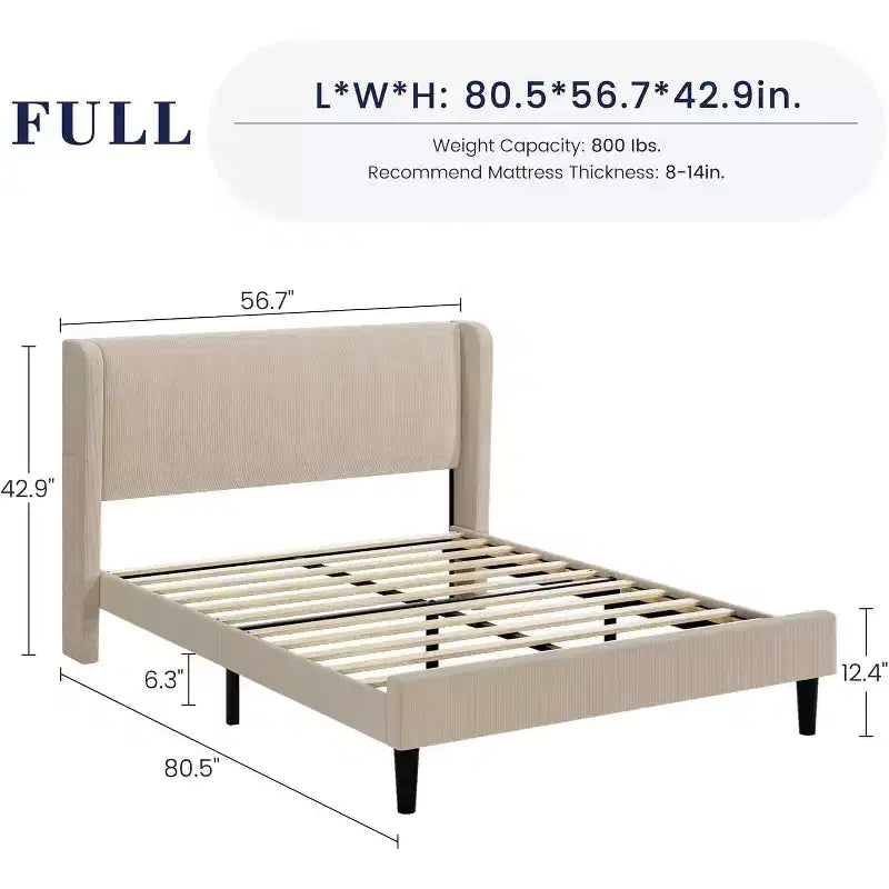Struttura letto con testiera e alette laterali, in velluto beige con strisce verticali, 2 tasche portaoggetti e robusto supporto con doghe in legno