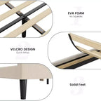 Struttura letto con testiera e alette laterali, in velluto beige con strisce verticali, 2 tasche portaoggetti e robusto supporto con doghe in legno