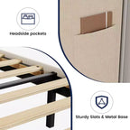 Struttura letto con testiera e alette laterali, in velluto beige con strisce verticali, 2 tasche portaoggetti e robusto supporto con doghe in legno