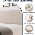 Struttura letto con testiera e alette laterali, in velluto beige con strisce verticali, 2 tasche portaoggetti e robusto supporto con doghe in legno
