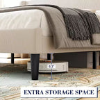 Struttura letto con testiera e alette laterali, in velluto beige con strisce verticali, 2 tasche portaoggetti e robusto supporto con doghe in legno
