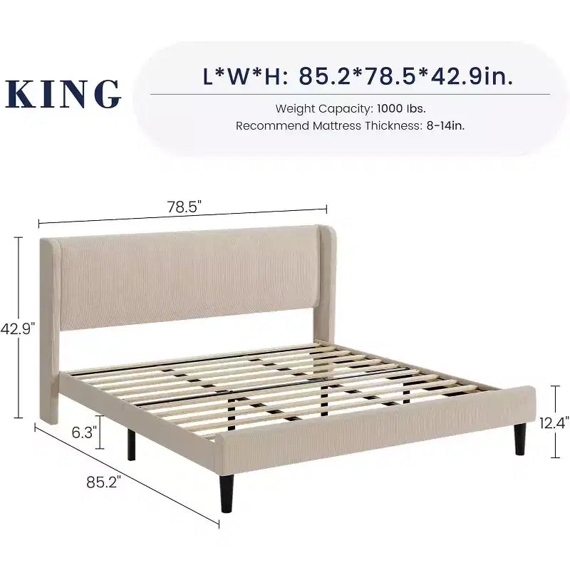 Struttura letto con testiera e alette laterali, in velluto beige con strisce verticali, 2 tasche portaoggetti e robusto supporto con doghe in legno