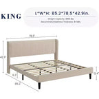 Struttura letto con testiera e alette laterali, in velluto beige con strisce verticali, 2 tasche portaoggetti e robusto supporto con doghe in legno