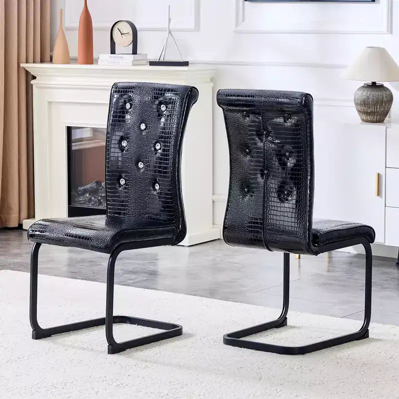 Set of 2 Retro Alligator Skin Upholstered Dining Chairs with Black Metal Legs