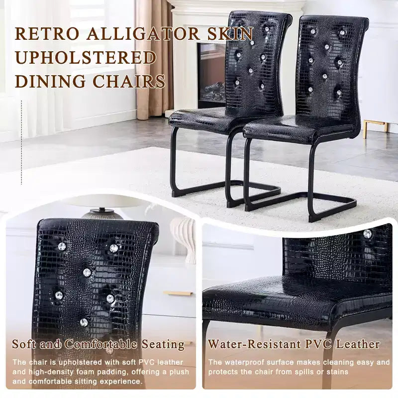 Sedie da pranzo imbottite in pelle di alligatore retrò con gambe in metallo nero