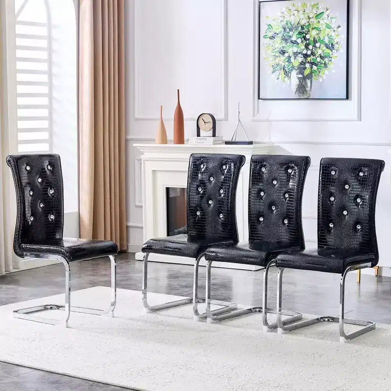 Set of 4 Retro Upholstered Dining Chairs with Alligator Skin Pattern and Crystal Buckle Details, Electroplated Metal Legs