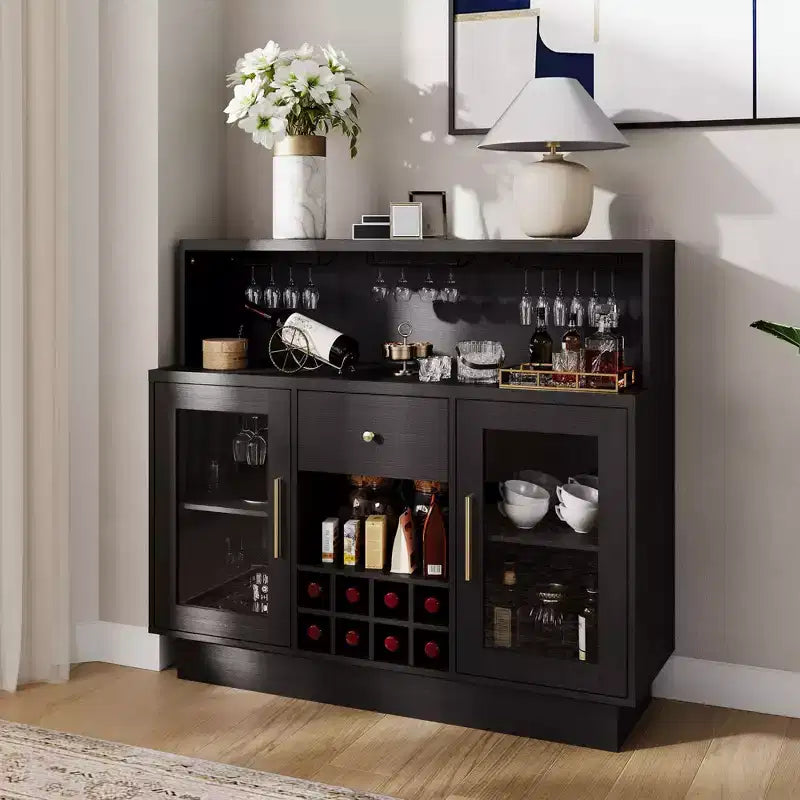 Mobile Bar Premium a 2 Livelli con Ante in Vetro e Cassetti - Versatile Arredamento da Bar per Cucina, Sala da Pranzo, Ufficio, Sala Giochi