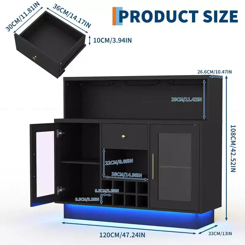 Mobile Bar Premium a 2 Livelli con Ante in Vetro e Cassetti - Versatile Arredamento da Bar per Cucina, Sala da Pranzo, Ufficio, Sala Giochi