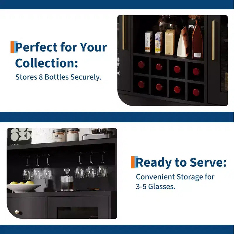 Mobile Bar Premium a 2 Livelli con Ante in Vetro e Cassetti - Versatile Arredamento da Bar per Cucina, Sala da Pranzo, Ufficio, Sala Giochi