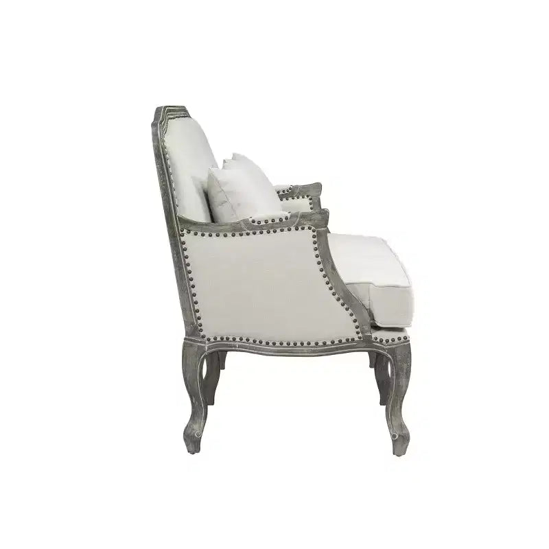 Divano Tania da 56" in Lino Color Crema e Finitura Marrone, Gambe Alla Francese, Borchie Decorative, Nessun Montaggio Richiesto