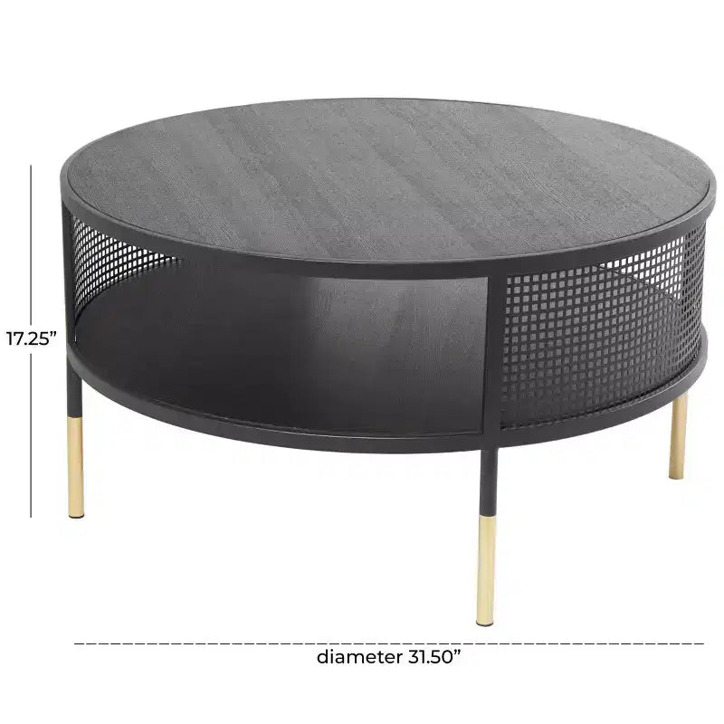 Tavolino da Salotto con Base a Griglia in Metallo 1 Ripiano e Gambe Dorate Nero: Stile Tamburo Moderno, Nessun Montaggio Richiesto