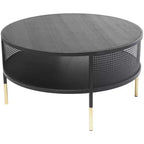 Tavolino da Salotto con Base a Griglia in Metallo 1 Ripiano e Gambe Dorate Nero: Stile Tamburo Moderno, Nessun Montaggio Richiesto