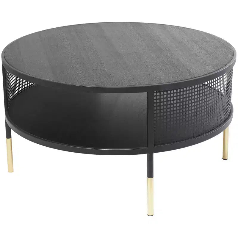 Tavolino da Salotto con Base a Griglia in Metallo 1 Ripiano e Gambe Dorate Nero: Stile Tamburo Moderno, Nessun Montaggio Richiesto